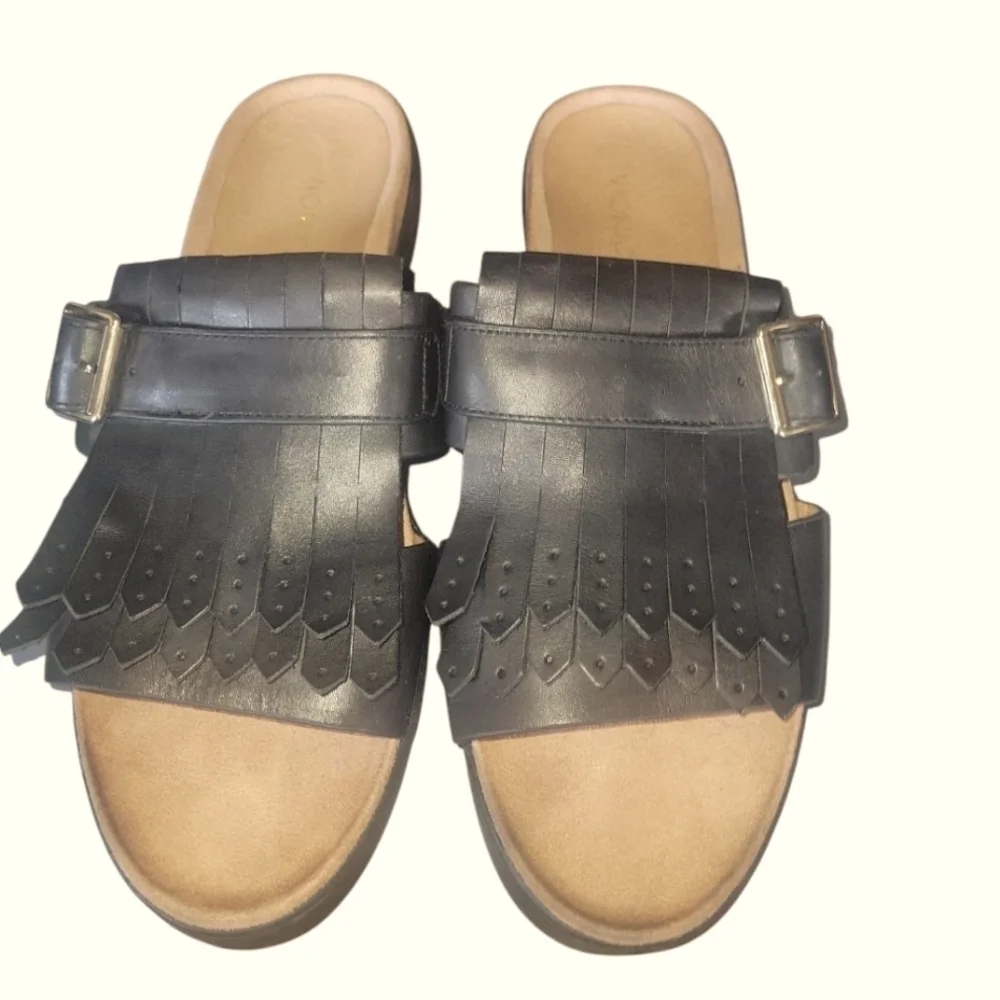 Vionic Women's Splendid Filmore Black Kilte Fringe Slide Sandals Sz 10